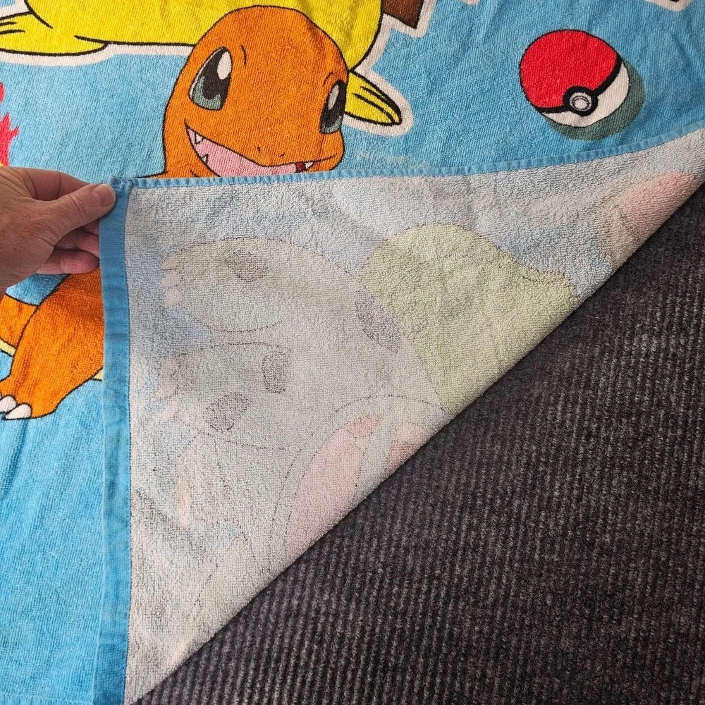Pokemon Blue Beach Towel 28x55 Pikachu Charmander Squirtle Bulbasaur Cotton